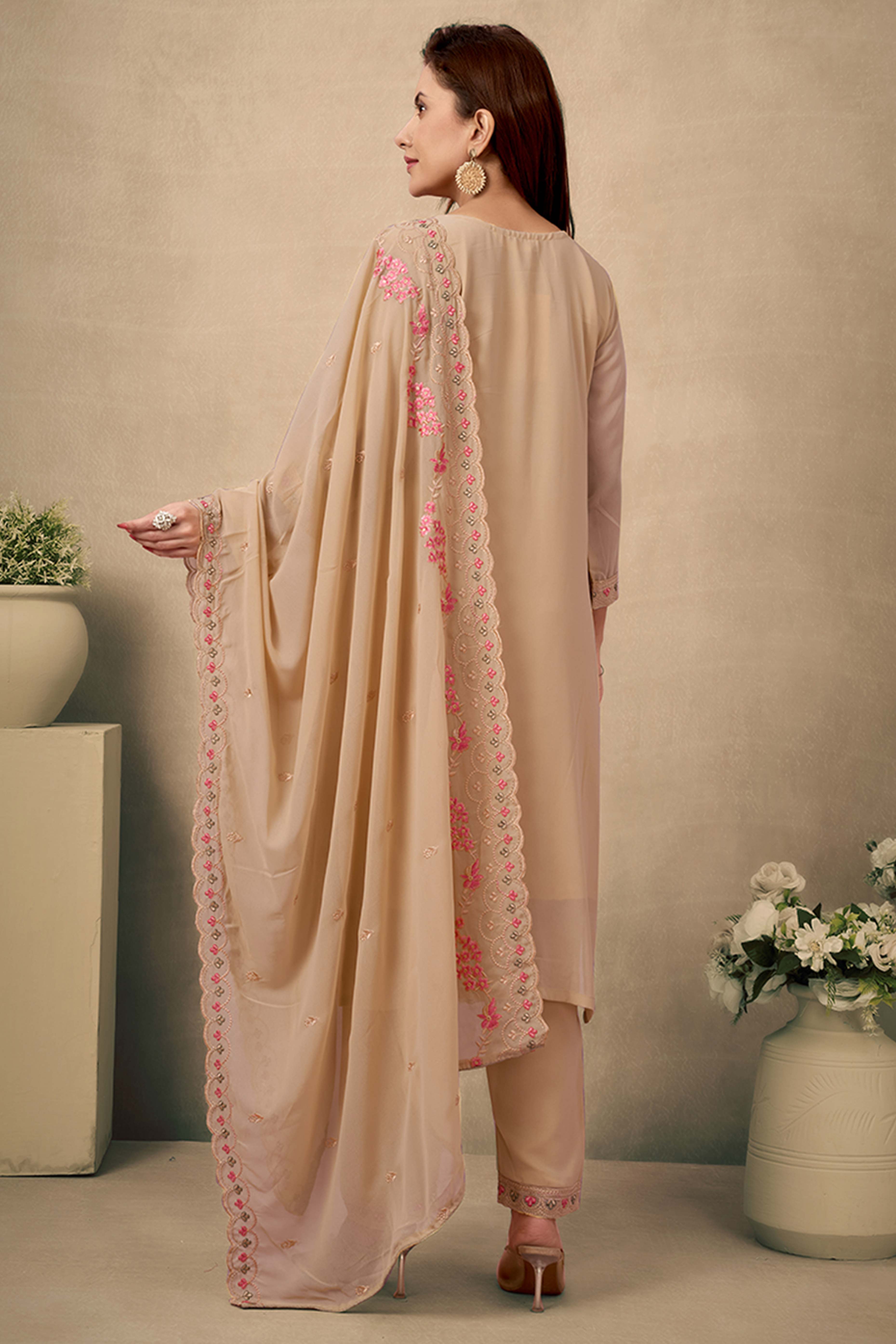 Chikoo Embroidered Straight Salwar Suit in Heavy Viscose Georgette