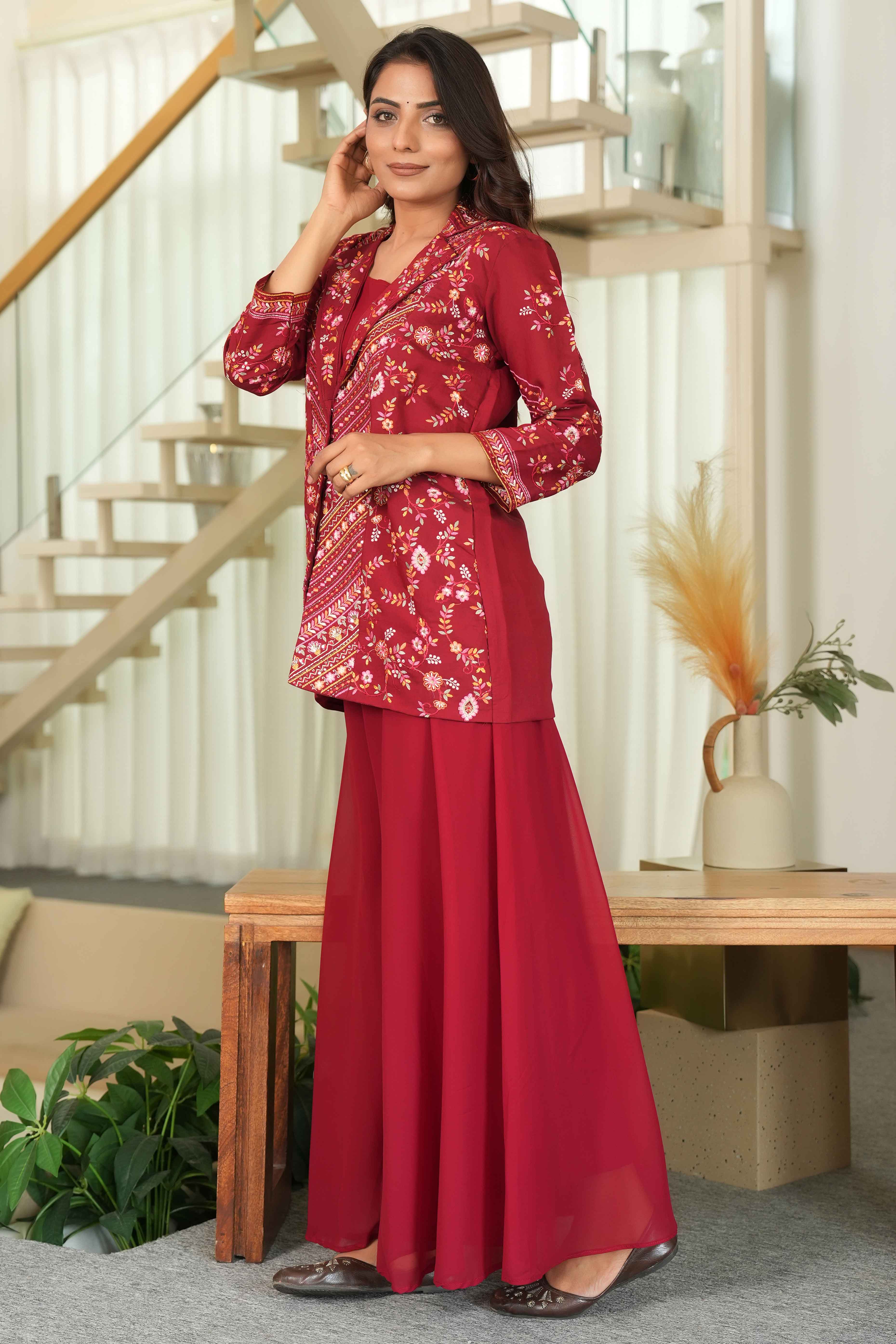 Maroon Embroidered Chanderi Silk Co-Ord Set with Georgette Bottom – Festive & Elegant Ensemble