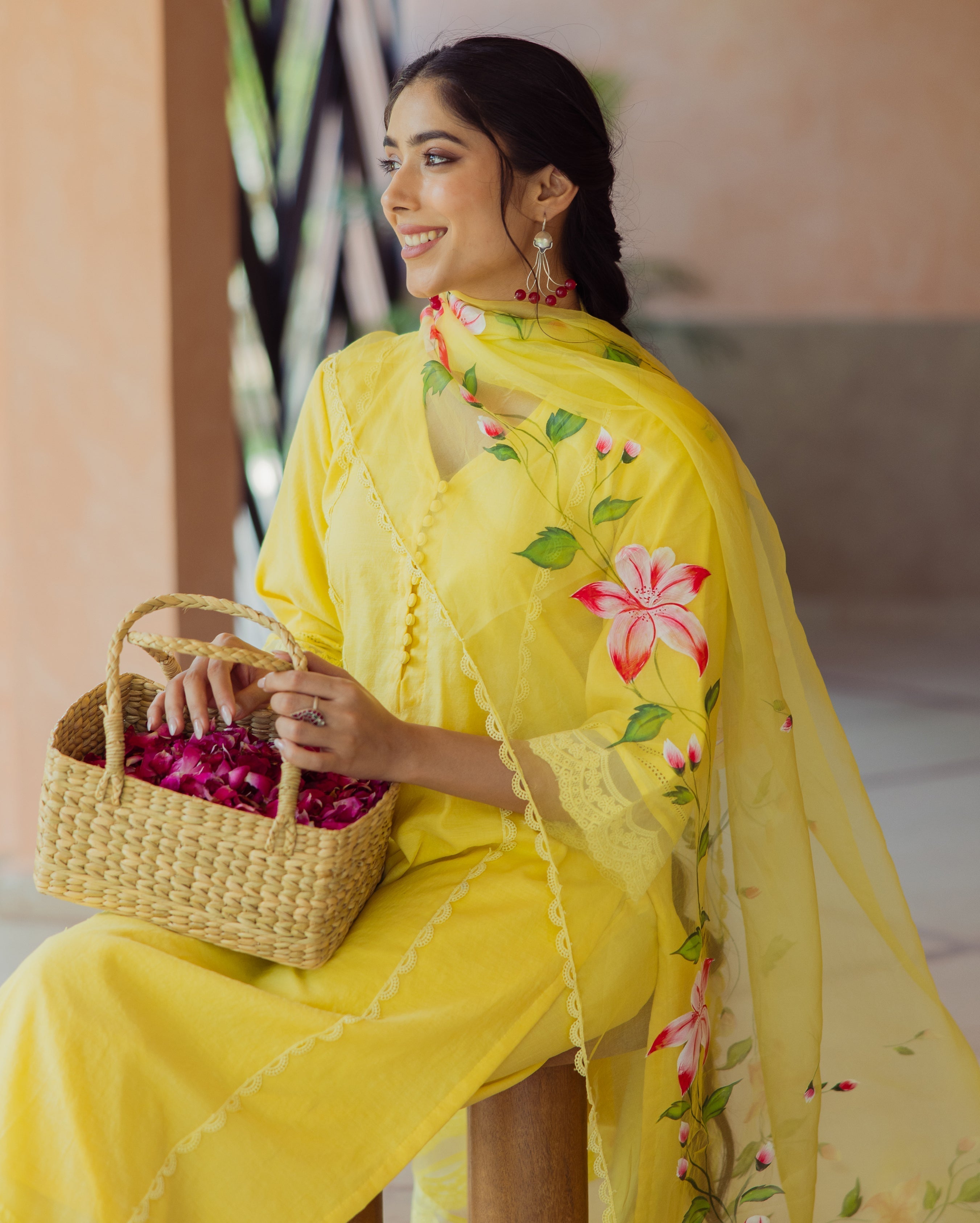 Garden Yellow Handpainted Chanderi Suit Set