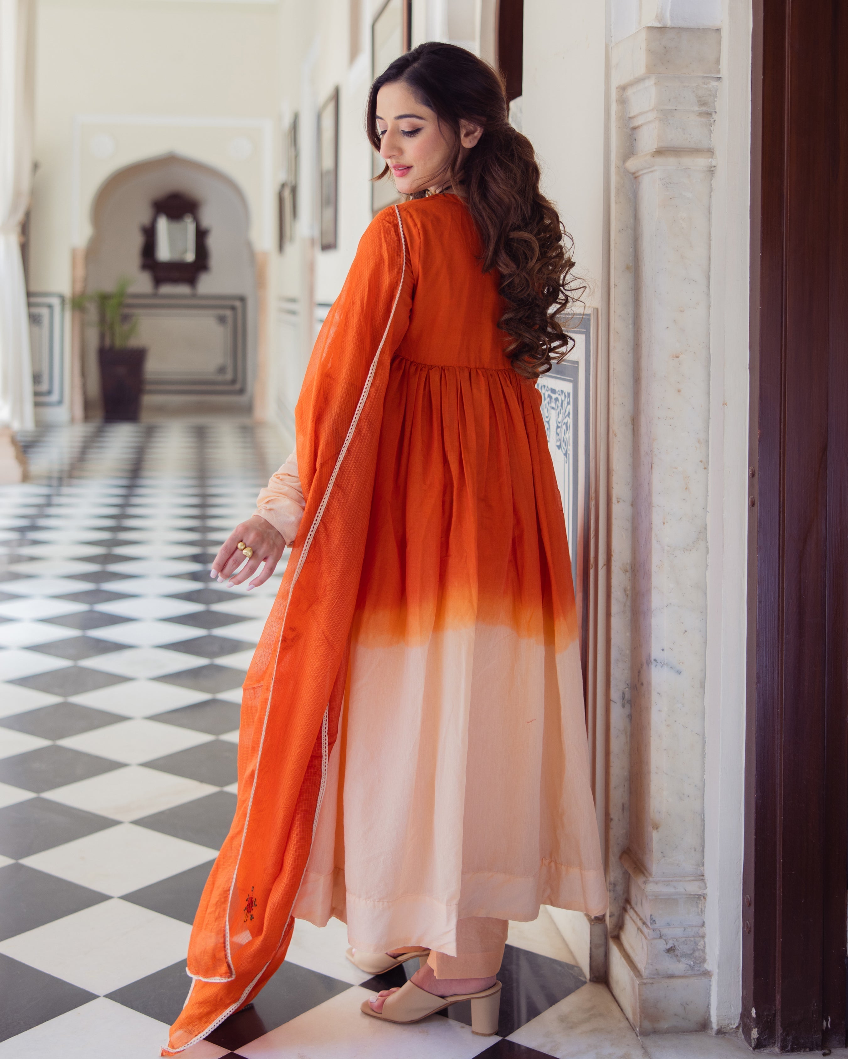 Drape Orange Ombre Embroidered Chanderi Suit Set
