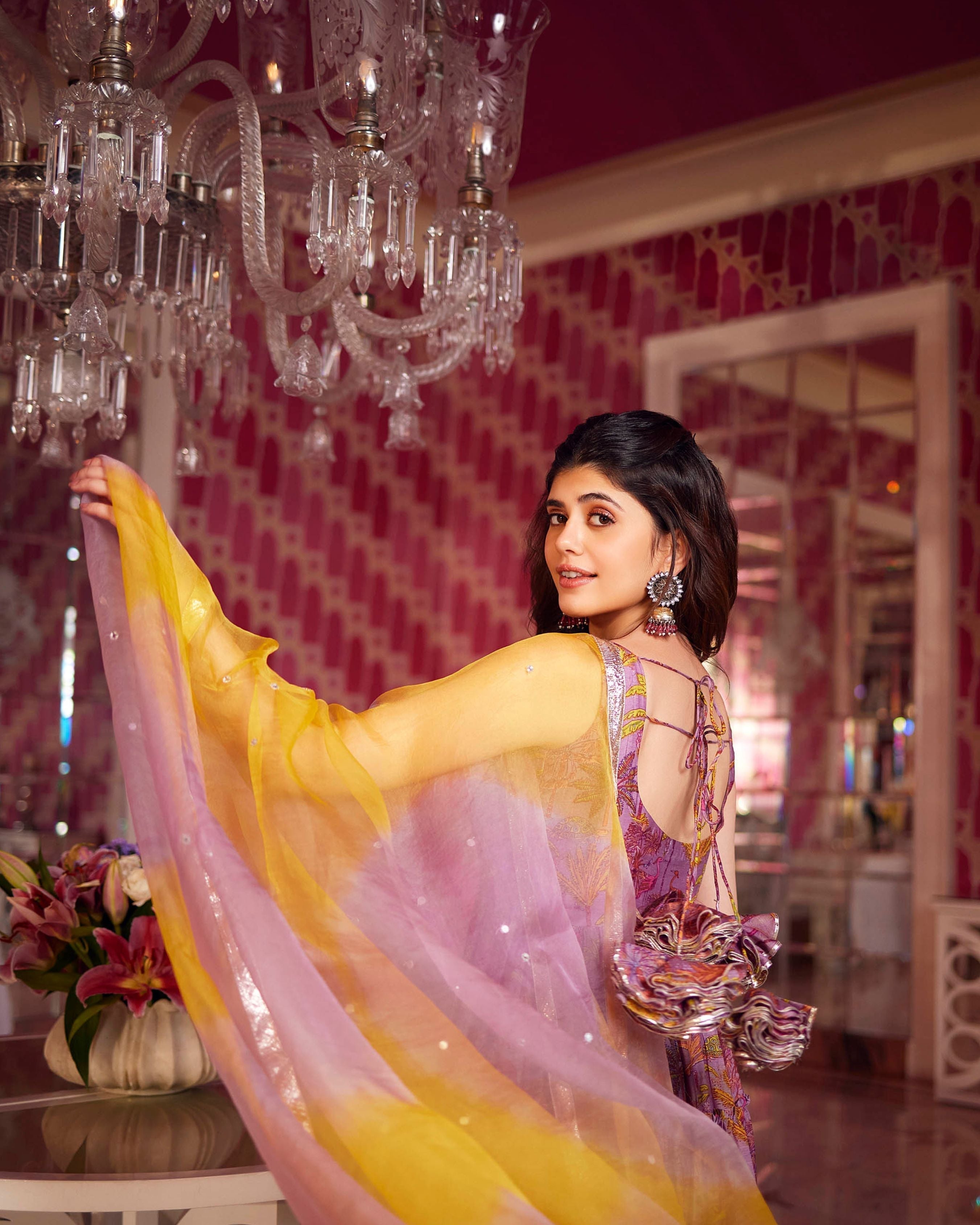 Dreamy Pink Chanderi Anarkali Suit Set with Floral Print