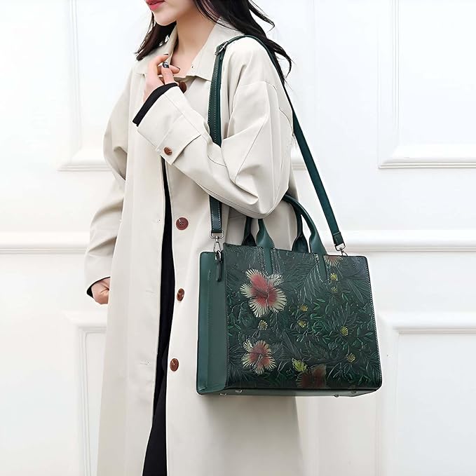 Women’s Vintage-Inspired Green Embossed Floral Square Handbag – PU Leather Zipper Bag with Chain Accent for Daily Elegance