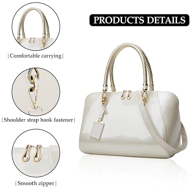 Beige Glossy Patent Handbag for Women – Stylish Portable & Crossbody Bag