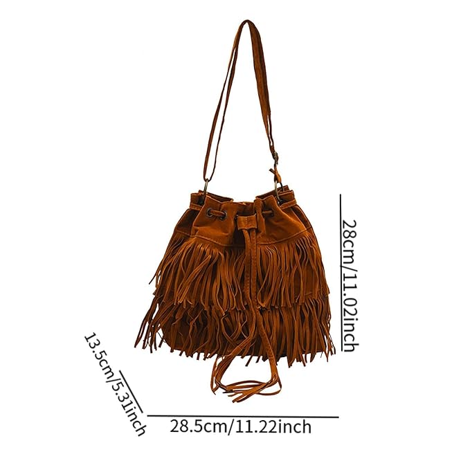 Women’s Large Fringe Shoulder Bag – Drawstring Hobo Tote for Travel, Holidays & Daily Use – Brown