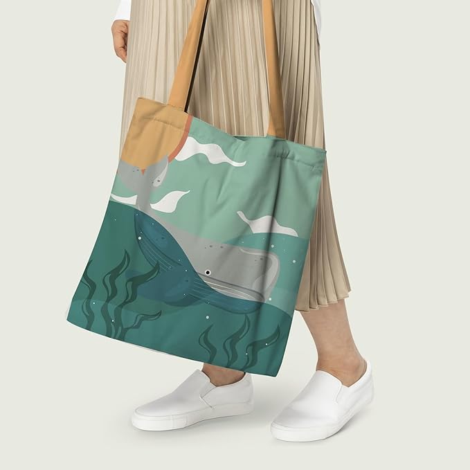 Ocean Theme Cotton Tote Bag for Women | Eco-Friendly Reusable Shopping & Beach Bag | Underwater Turtle Print Tote | Sustainable Gift for Ocean Lovers (16x15 inch)