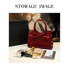 Women’s Glossy Bow Shell Handbag – PU Leather Tote with Double Handles & Adjustable Strap
