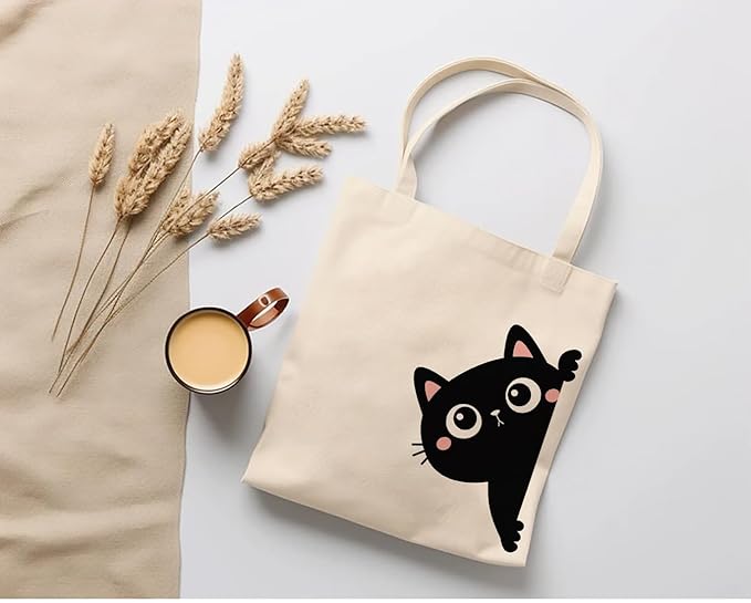 Eco-Friendly Cotton Tote Bag for Women – Reusable Shopping, College & Daily Use Shoulder Bag (Cat Print, 16x16 Inch)