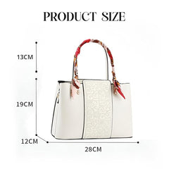 Women’s Embroidered PU Leather Handbag with Silk Scarf Handle – Elegant Shoulder Tote with Zipper Closure