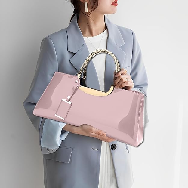 Women’s Glossy Patent Leather Wedding Handbag – Elegant Shoulder Bag with Spacious Interior (Pink)