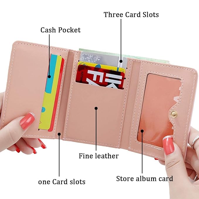 Women’s Pink PU Leather Short Wallet | Compact Ladies Purse with Multiple Card Slots & Secure Loop Closure