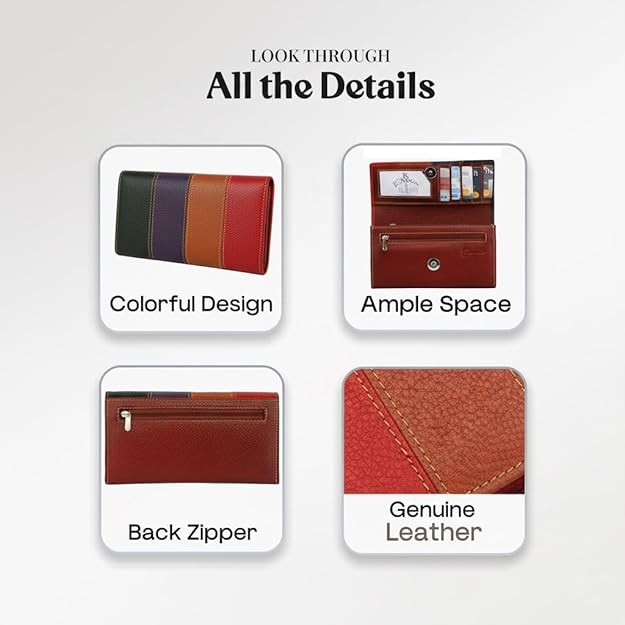 Women’s Multicolor Genuine Leather Wallet – Stylish Clutch with Zipper Closure & Card Holder Organizer