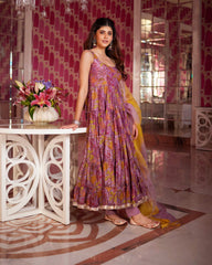 Dreamy Pink Chanderi Anarkali Suit Set with Floral Print