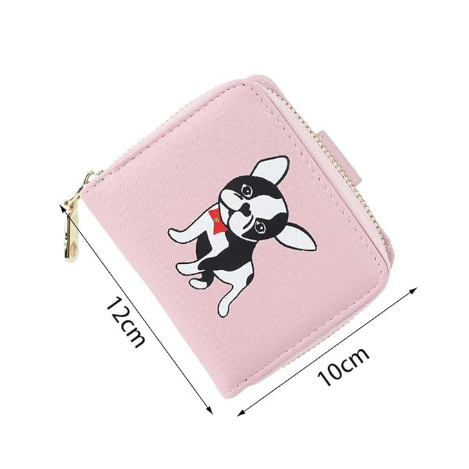 Cute Dog Print Mini Wallet for Women & Girls | Short PU Leather Clutch Purse with Card Slots (Pink)