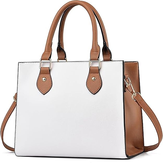 Women’s Faux Leather Satchel Handbag – Large Capacity Crossbody & Shoulder Bag (White & Brown)
