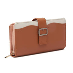 Women’s Tan Colorblocked Zip-Around Wallet | Long PU Wallet with 2 Compartments