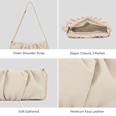 Soft Gathered Women’s Shoulder Handbag – Trendy Small Cloud Purse with Chain Strap & Zipper Closure