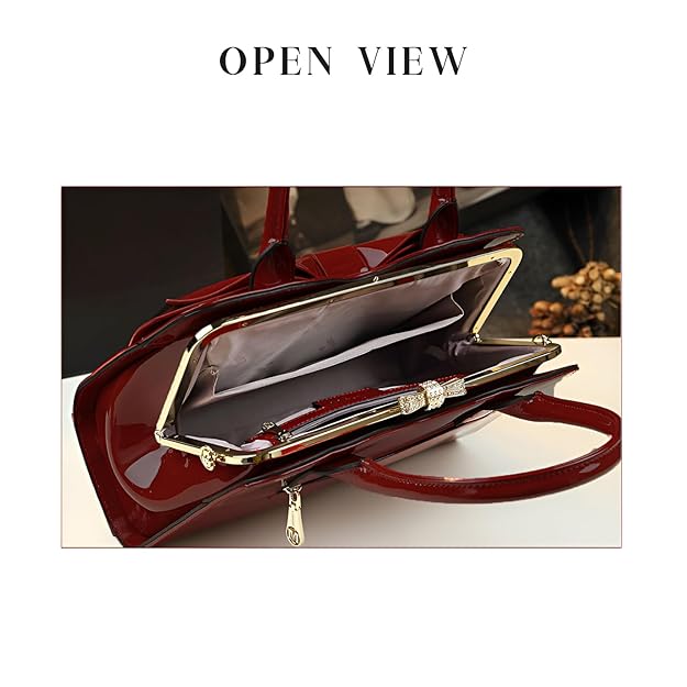 Women’s Glossy Bow Shell Handbag – PU Leather Tote with Double Handles & Adjustable Strap