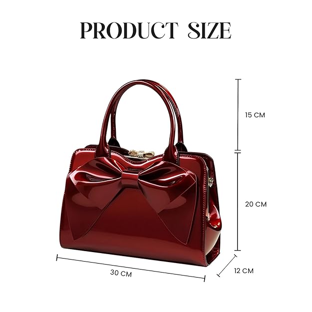 Women’s Glossy Bow Shell Handbag – PU Leather Tote with Double Handles & Adjustable Strap