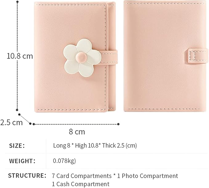 Pink Small Wallet for Women & Teens – PU Leather Trifold Card & Cash Holder with Floral Snap & ID Window