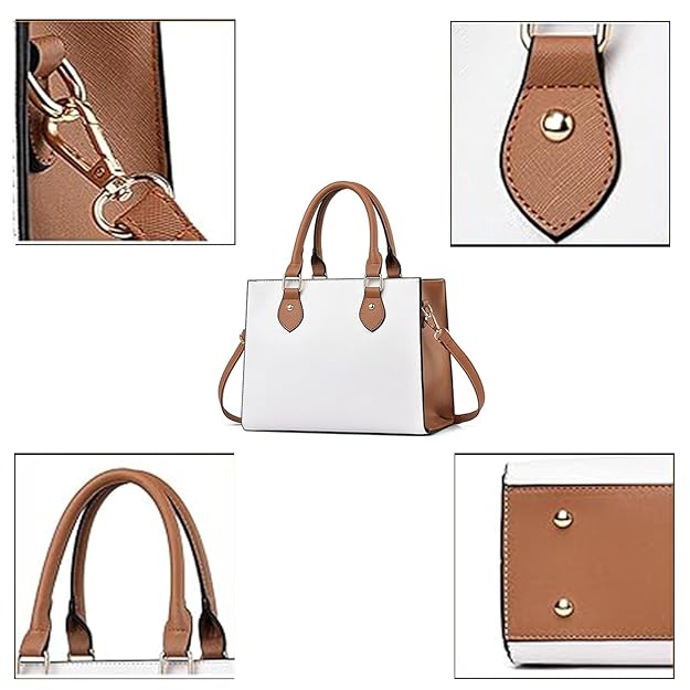 Women’s Faux Leather Satchel Handbag – Large Capacity Crossbody & Shoulder Bag (White & Brown)