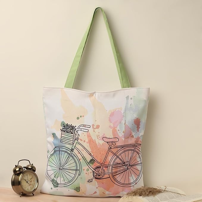 Printed Canvas Tote Bag for Women – Stylish Zipper Shoulder Bag with Inner Pocket (15x16 Inch)