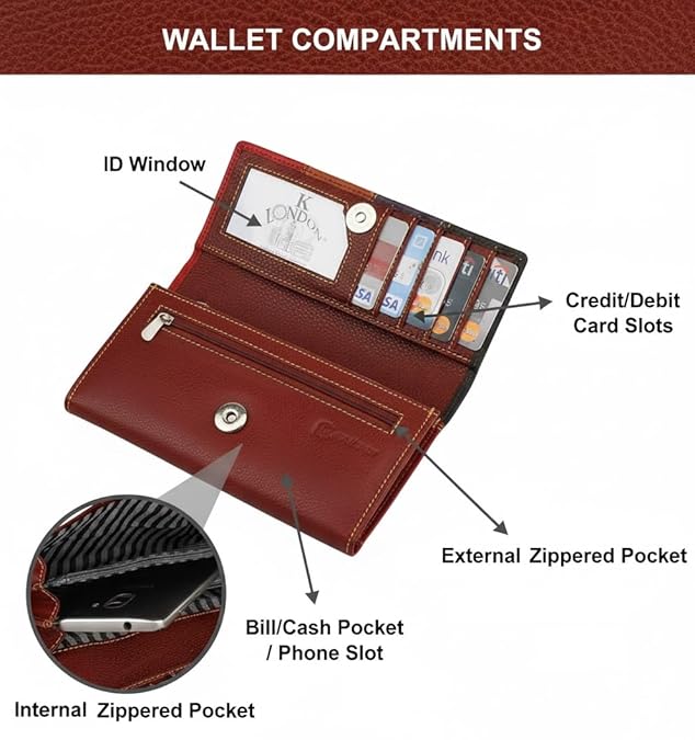 Women’s Multicolor Genuine Leather Wallet – Stylish Clutch with Zipper Closure & Card Holder Organizer