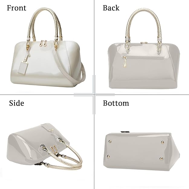 Beige Glossy Patent Handbag for Women – Stylish Portable & Crossbody Bag