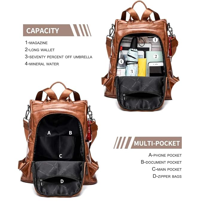 Women’s PU Leather Anti-Theft Backpack – Waterproof Travel Daypack with Shoulder Strap & Multi-Pocket Storage
