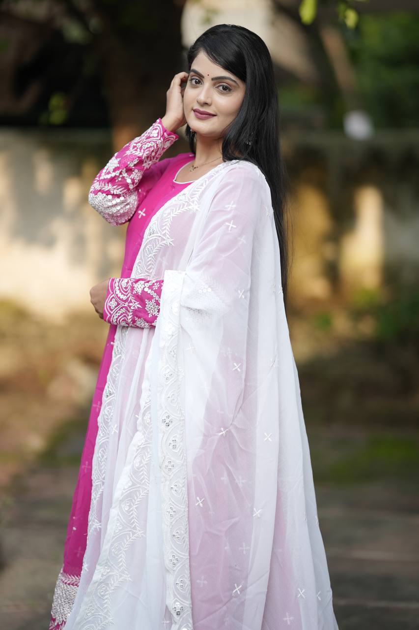 Embroidered Faux Georgette Kurta Set with Dupatta