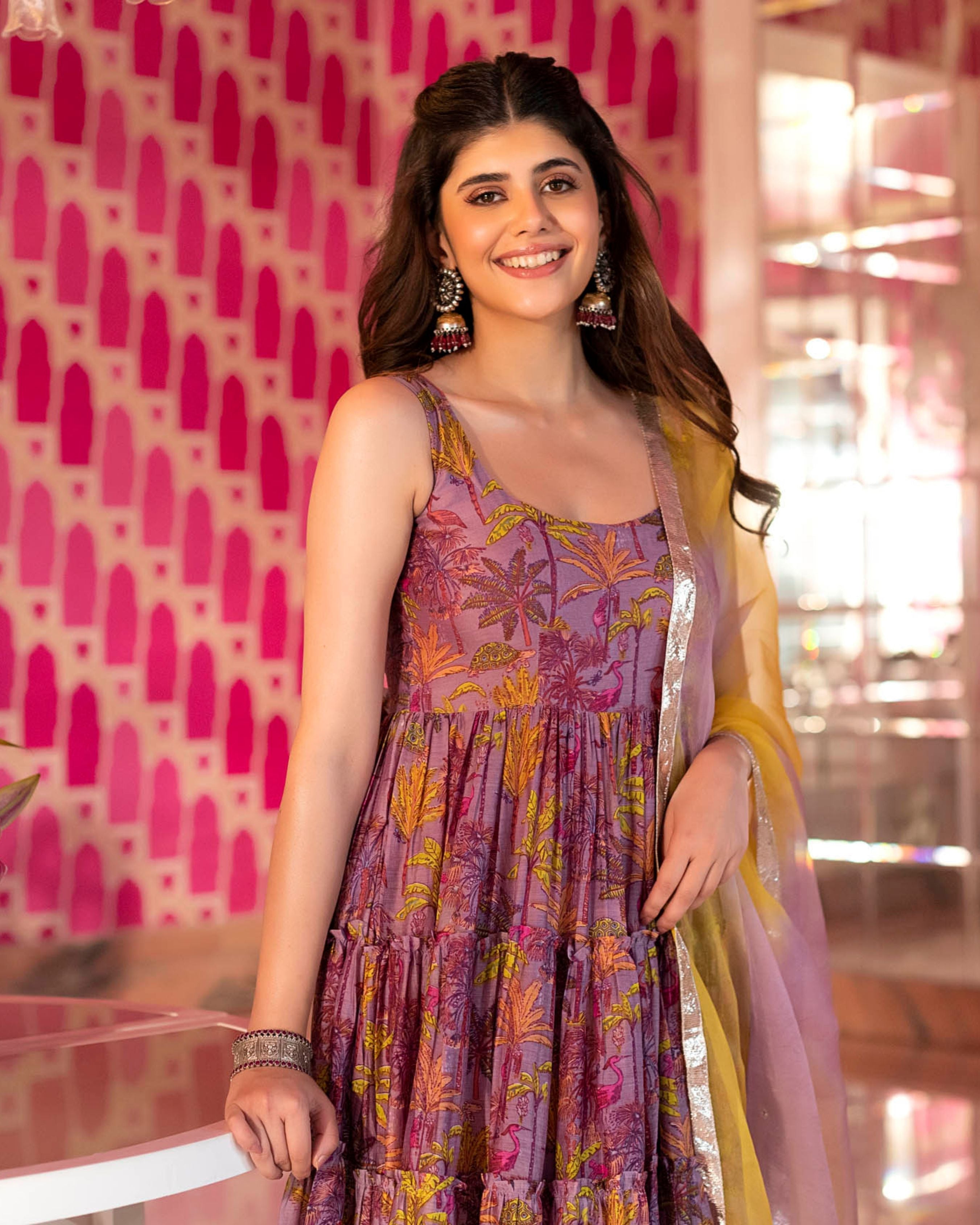 Dreamy Pink Chanderi Anarkali Suit Set with Floral Print