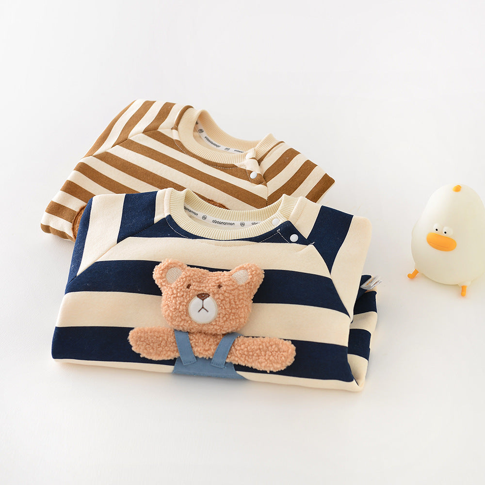 Cozy Striped Teddy Bear Baby Romper for Boys and Girls – Cotton Blend