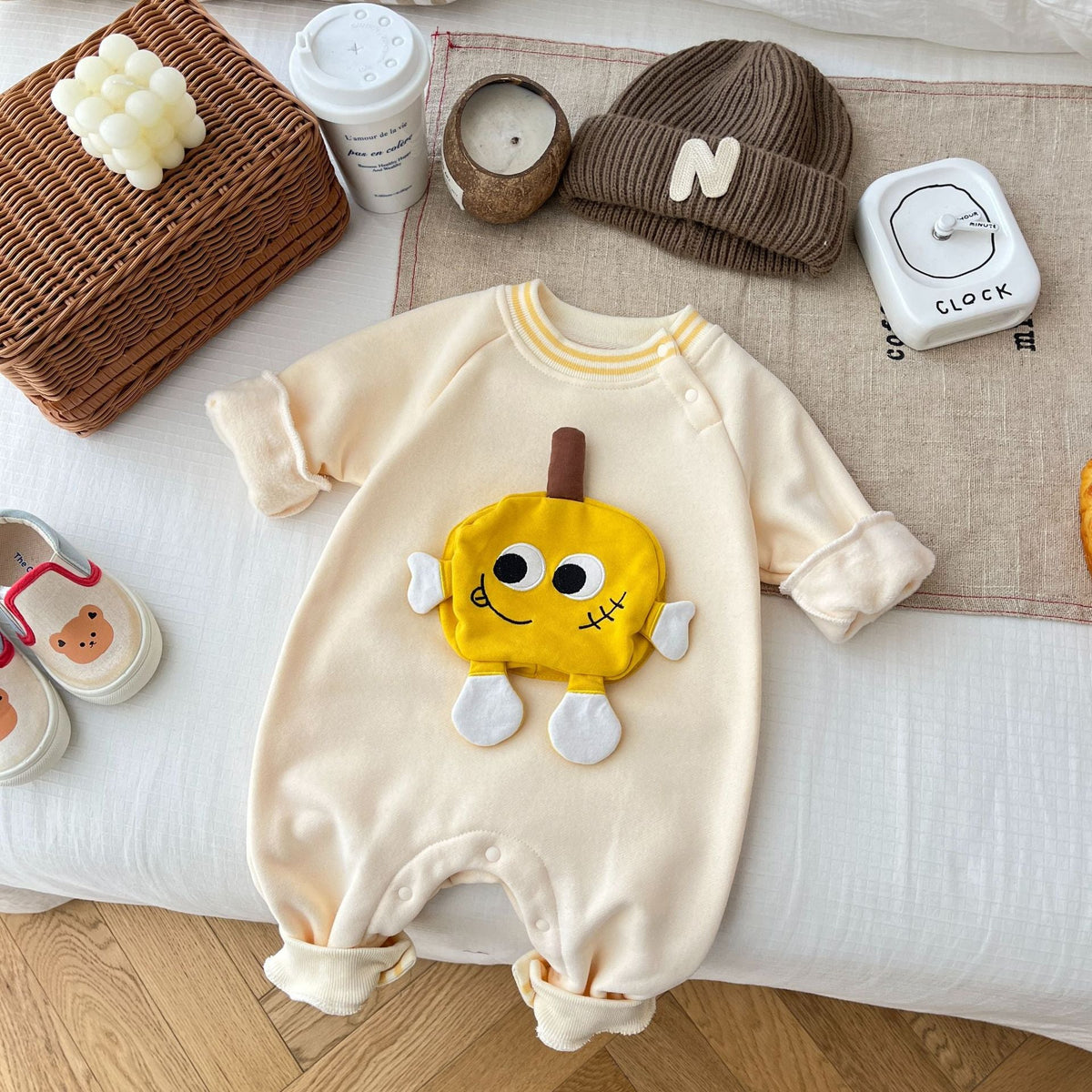 Yellow Cartoon Cozy Romper – Soft Cotton Baby Outfit for Boys & Girls