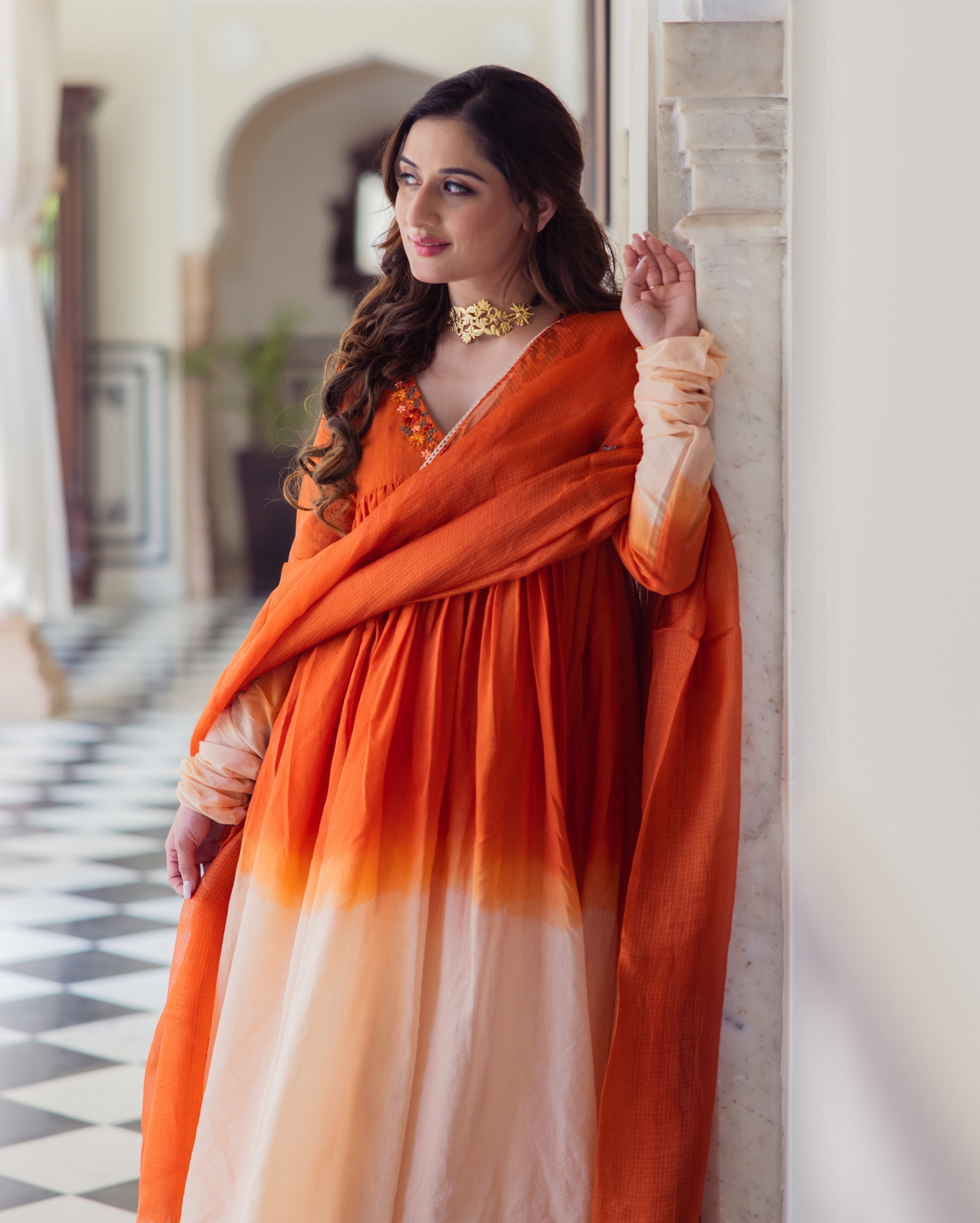 Drape Orange Ombre Embroidered Chanderi Suit Set
