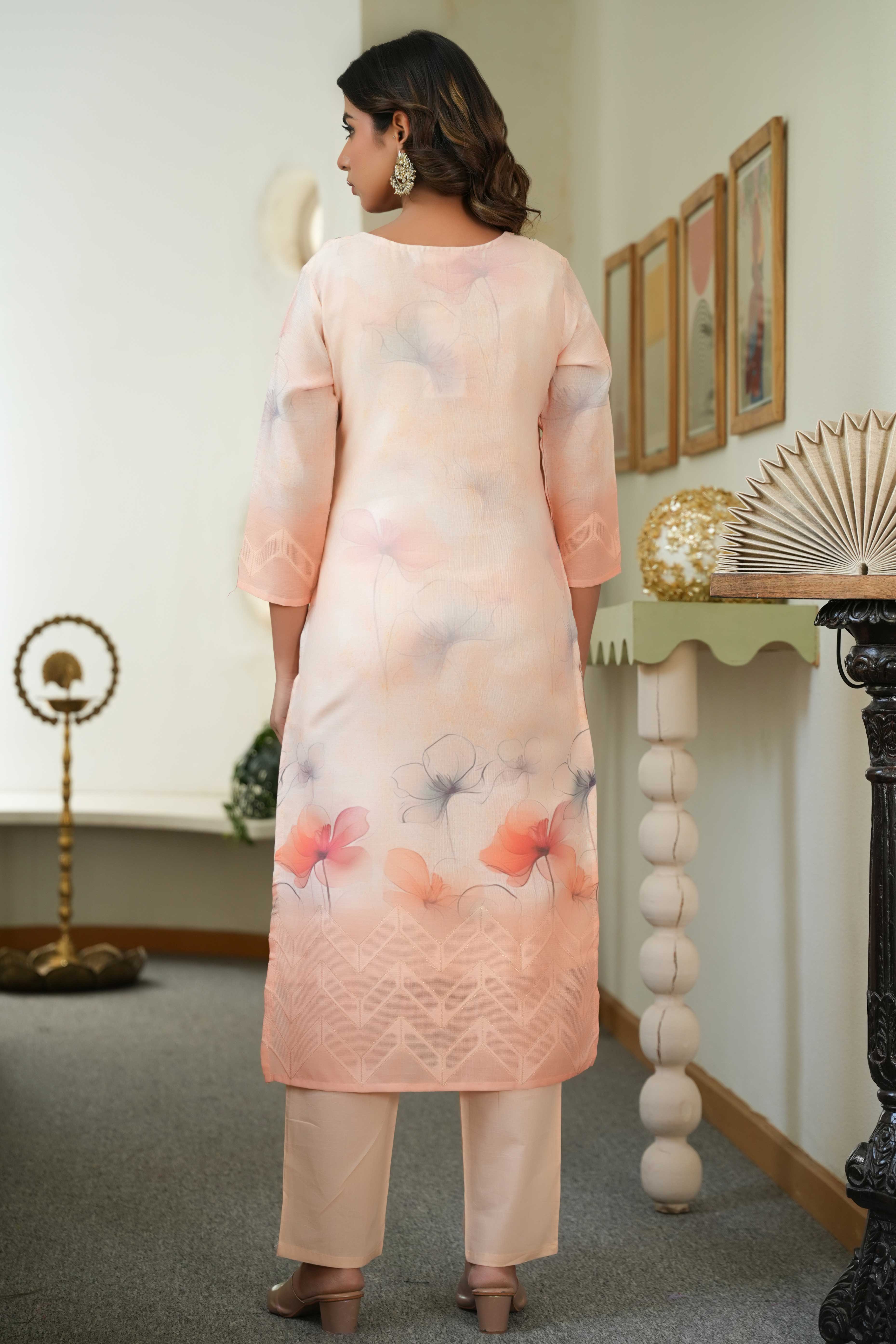 Graceful Light Orange Straight Salwar Suit with Floral Prints on Cotton Jacquard Fabric