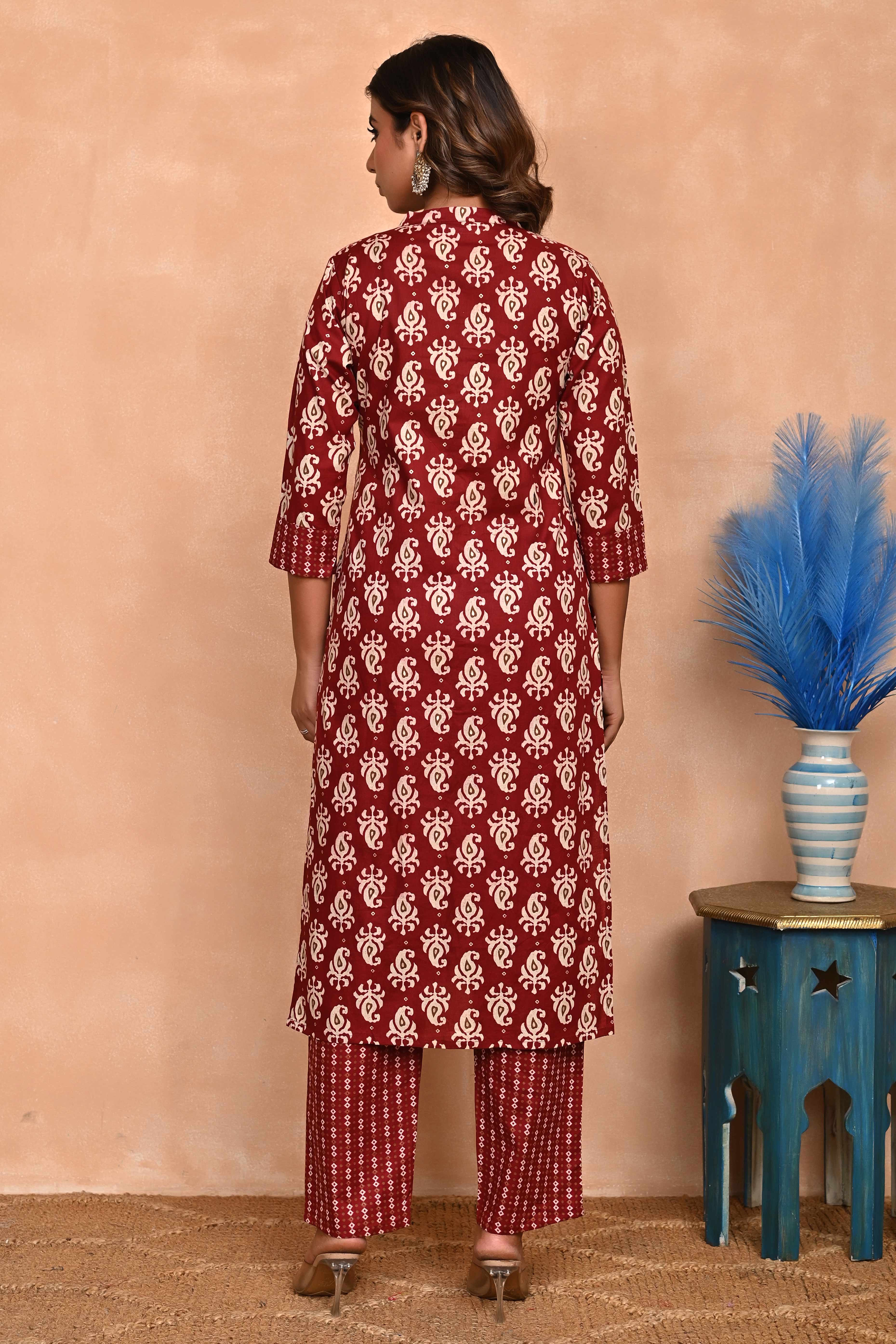 Maroon Floral Printed Salwar Suit in Pure Cotton with Modern Front Slit Styling