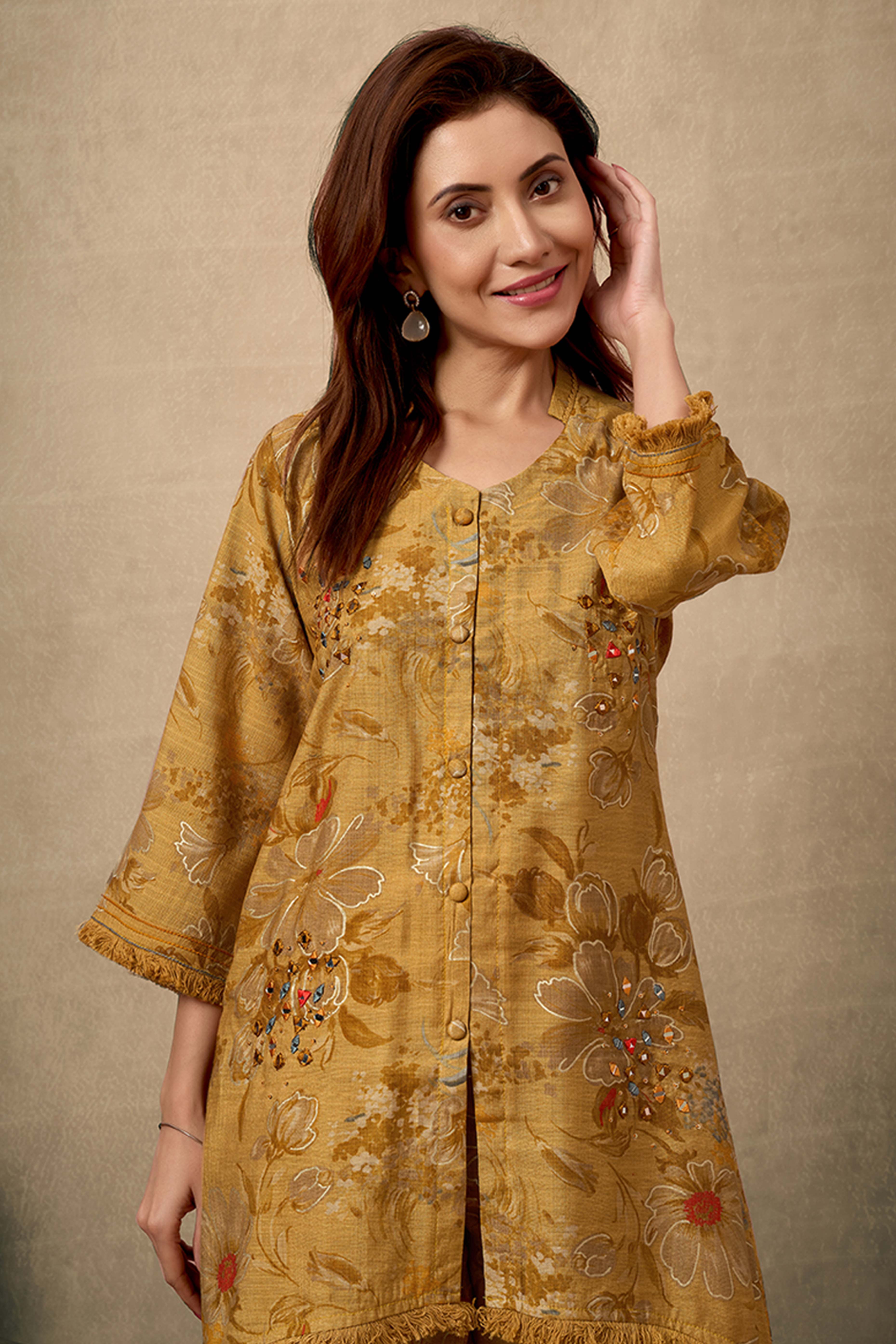 Mustard Floral Print Cotton Co-Ord Set with Mirror Work Detailing