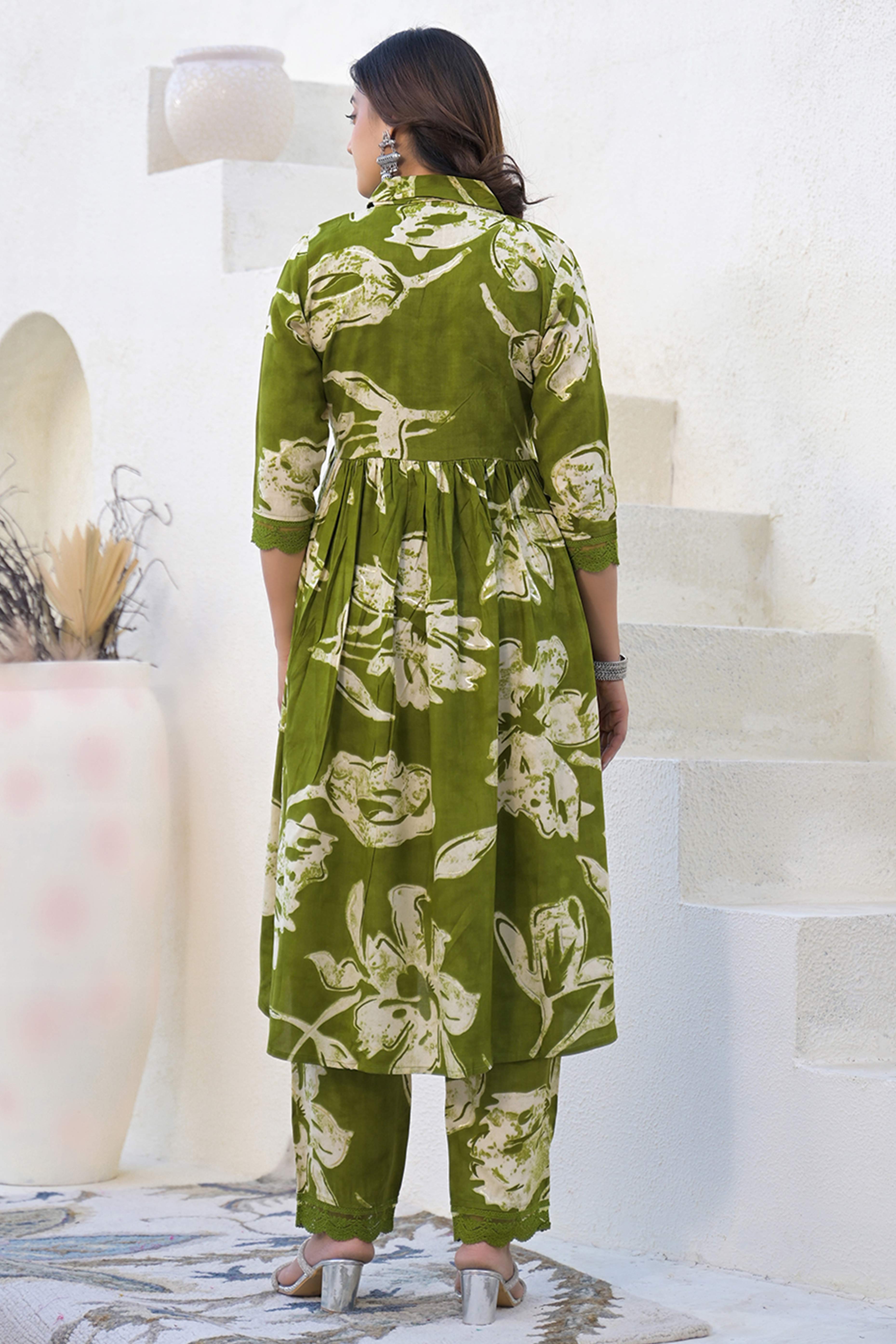 Green Floral Printed Rayon Co-Ord Set with Embroidered Neckline – Comfortable & Stylish