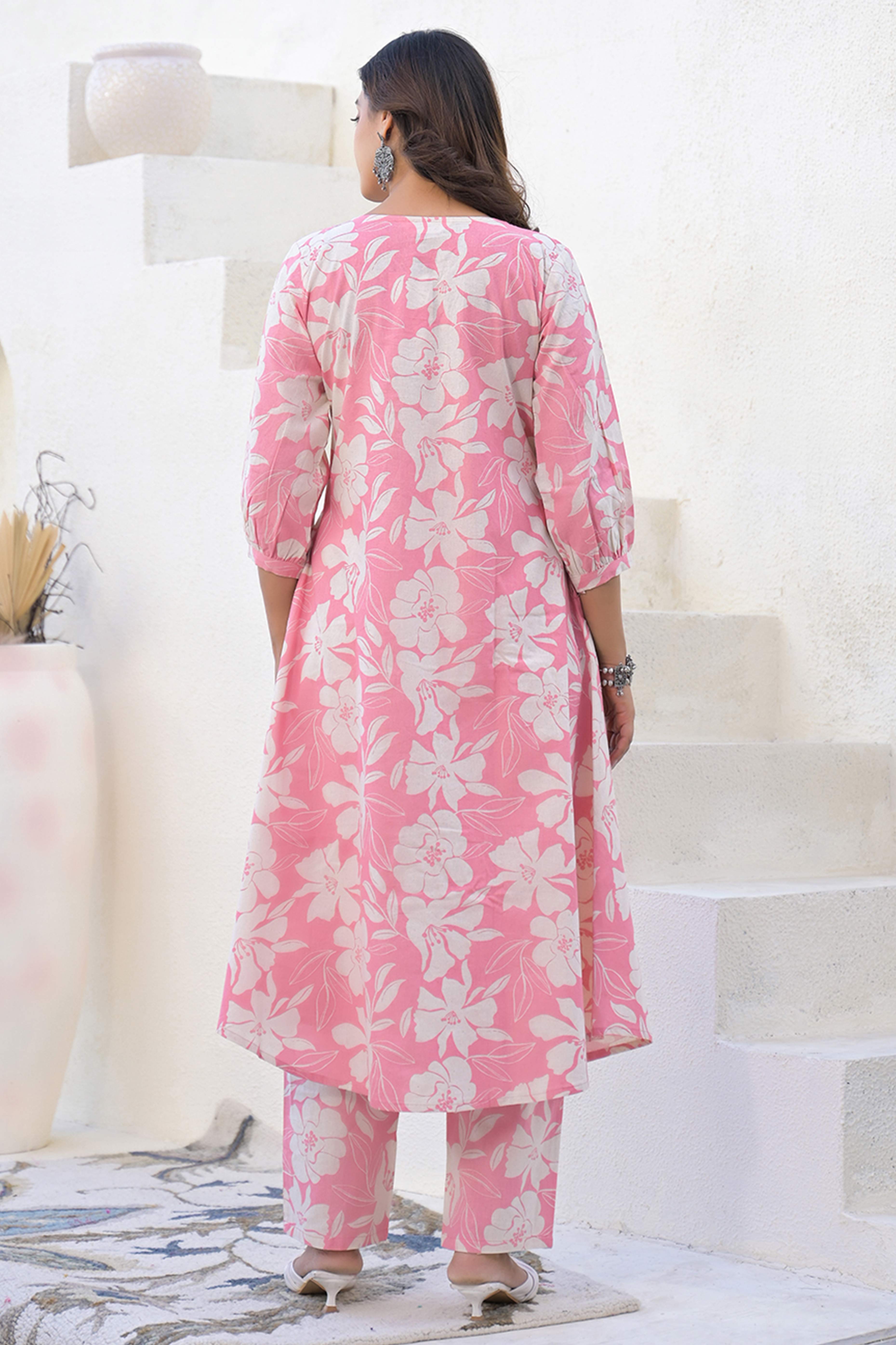 Light Pink Floral Print Cotton Flex Co-Ord Set – Elegant & Comfortable Daily Wear