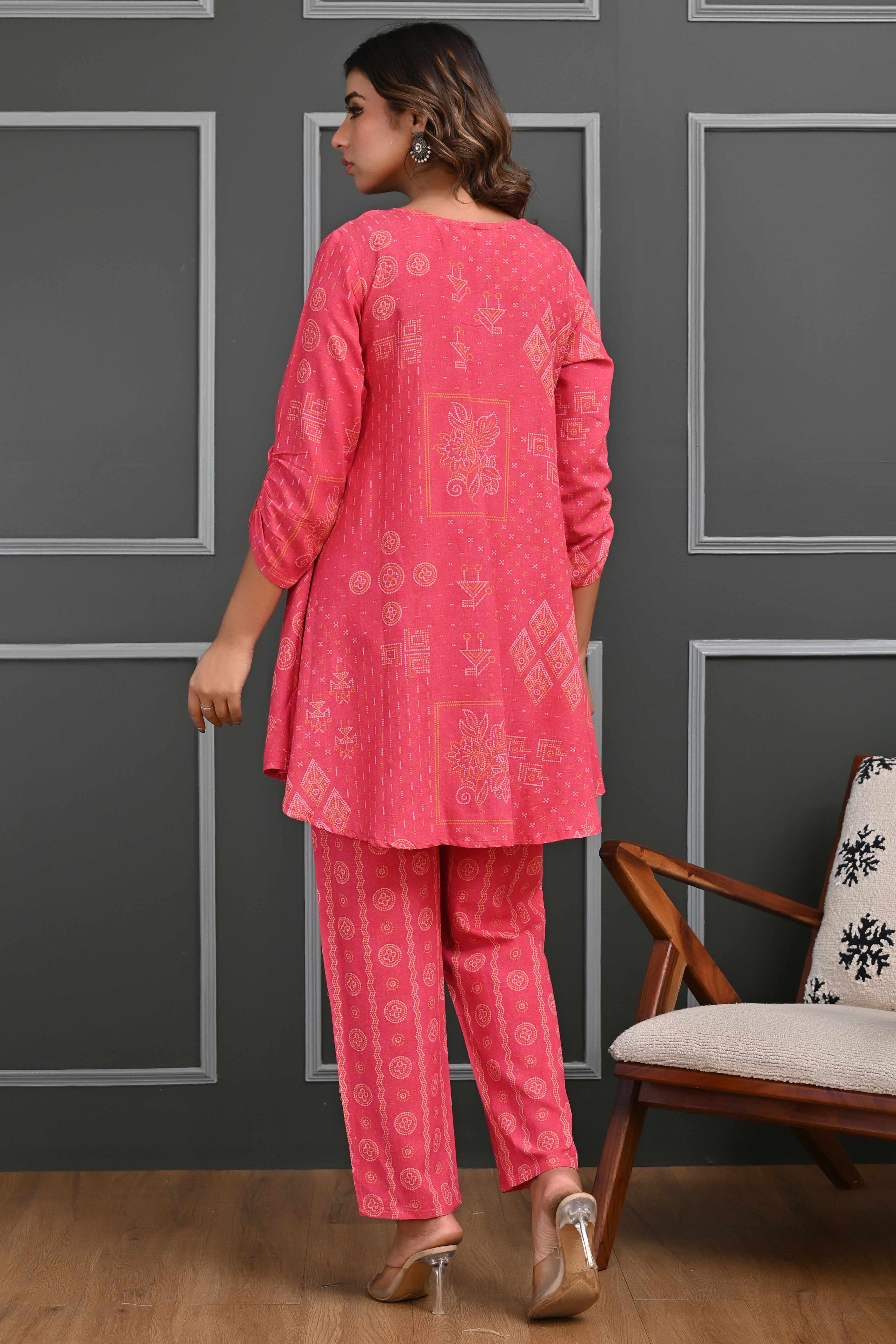 Rani Pink Bandhani Print Co-Ord Set with Sequined Neck – Lightweight & Stylish Festive Wear
