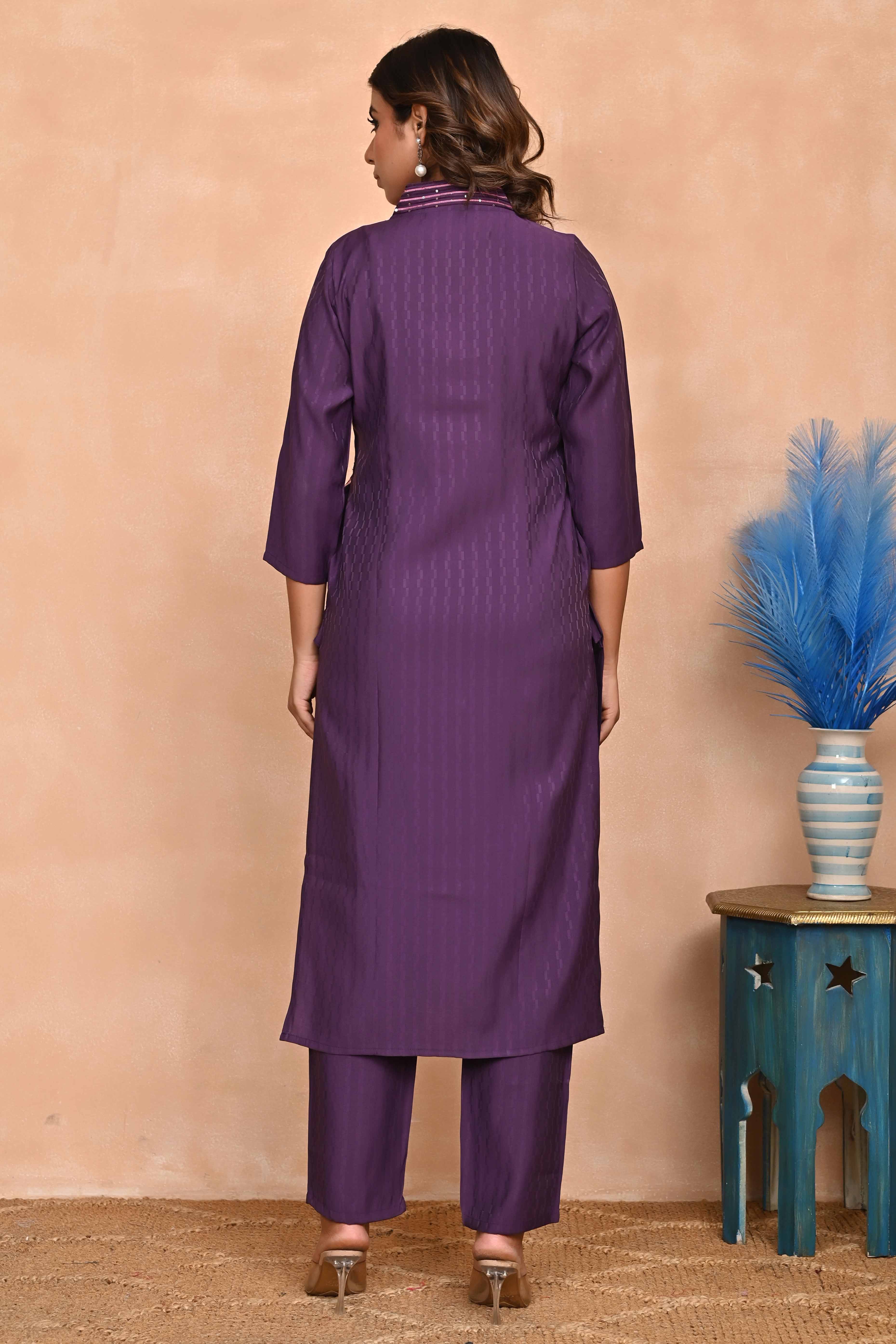 Wine-Colored Poly Viscose Co-Ord Set with Thread Embroidery & Sequin Work – Elegant & Comfortable Wear