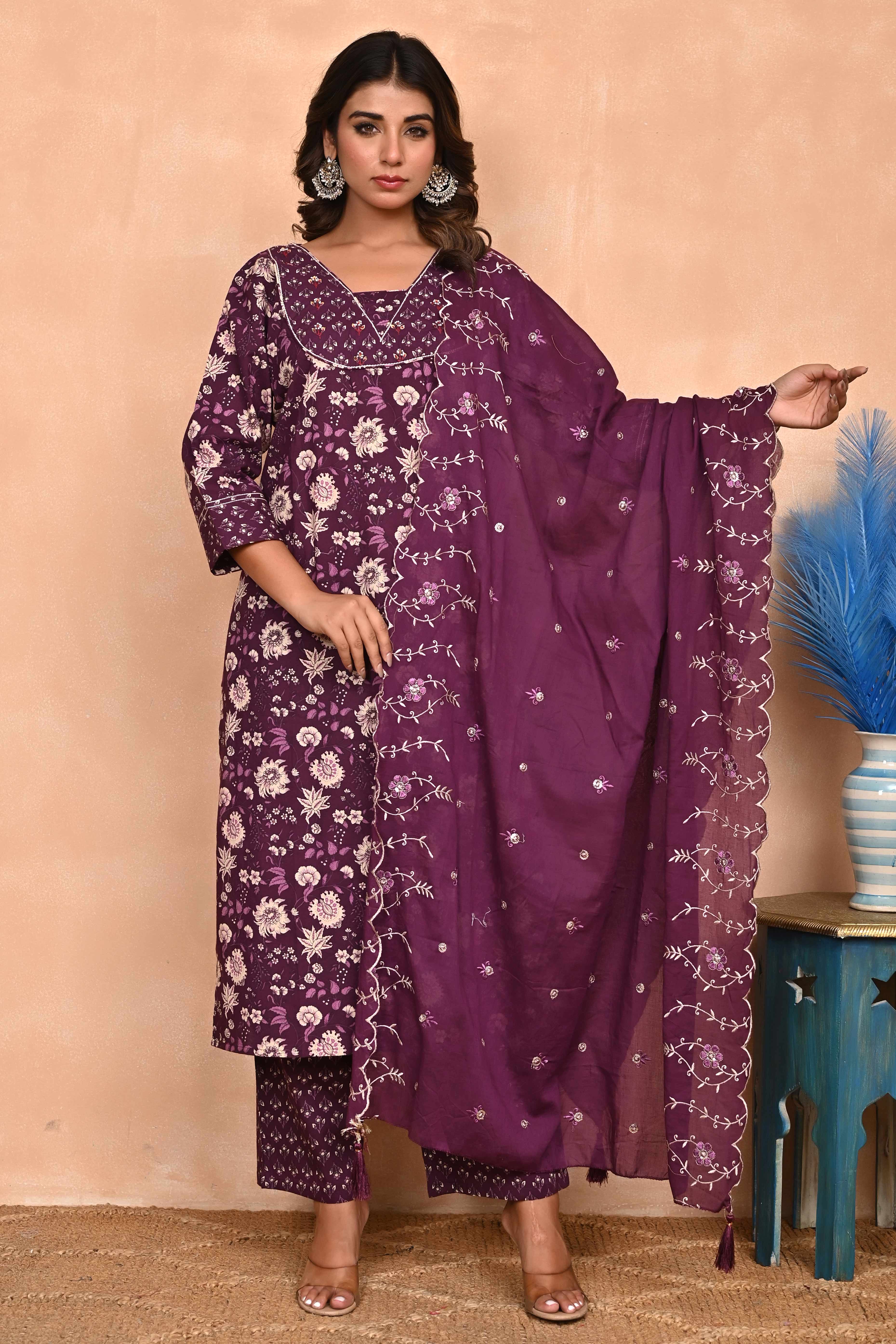 Elegant Wine Floral Printed Salwar Suit With Intricate Sequin Embellishment On Pure Cotton