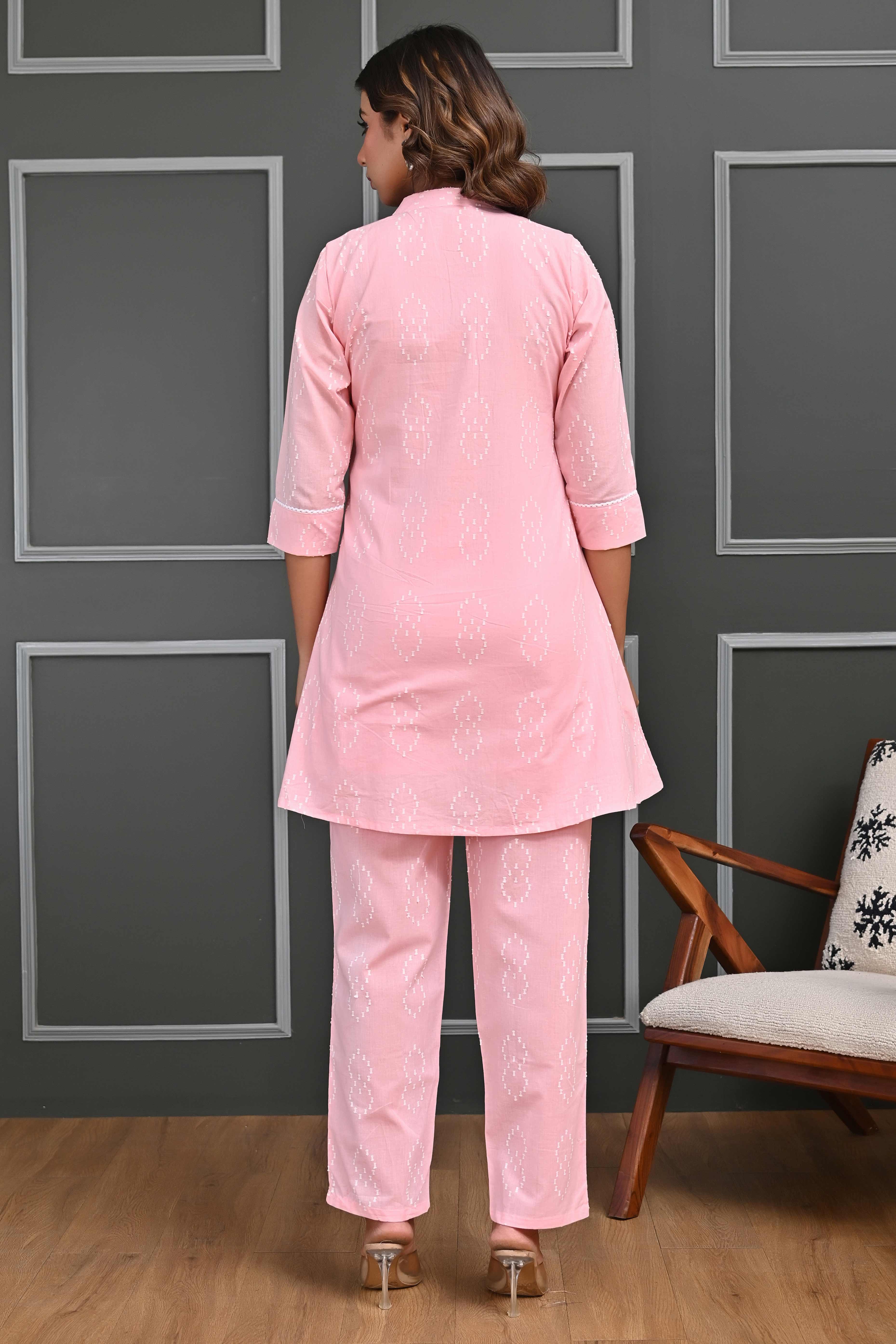 Light Pink Embroidered Cotton Co-Ord Set with Sequin Accents – Elegant & Comfortable
