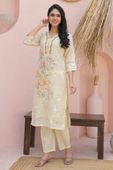 Powder Yellow Cotton Linen Salwar Suit with Printed Blooms and Delicate Embroidery Highlights