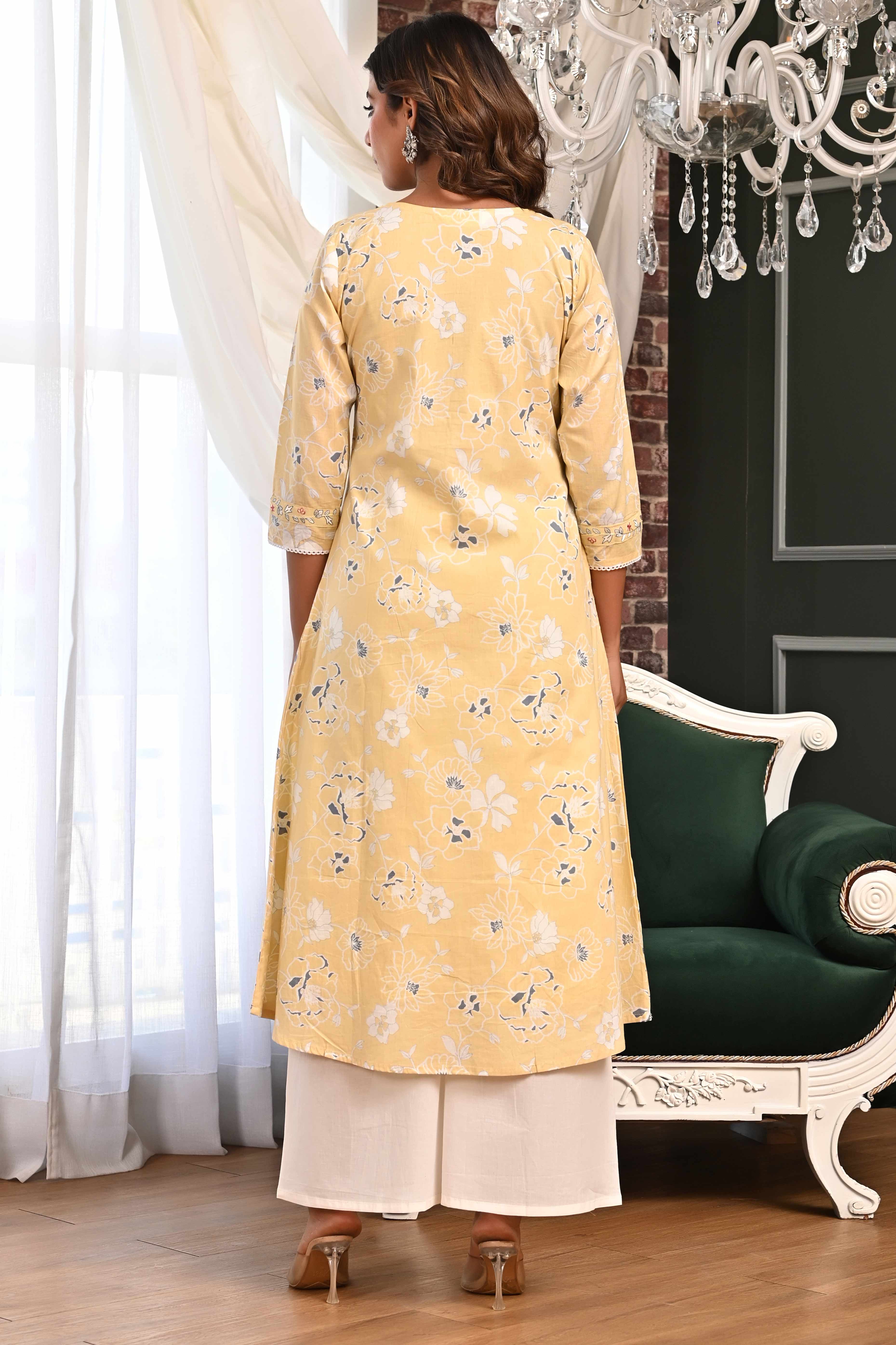 Powder Yellow Floral Printed A-Line Salwar Suit in Lightweight Pure Cotton Fabric