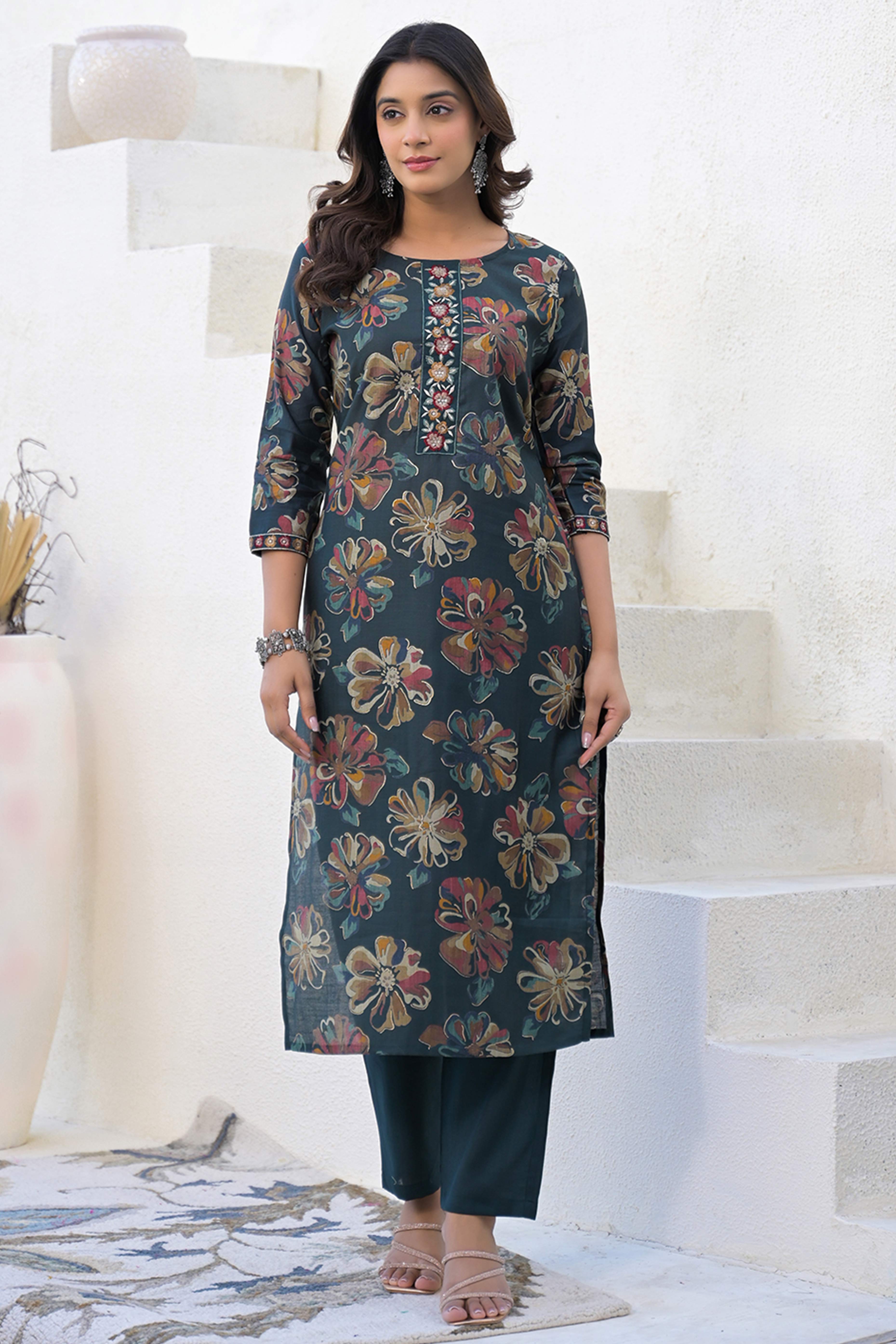 Stylish Bottle Green Viscose  Straight Salwar Suit with Floral Pattern