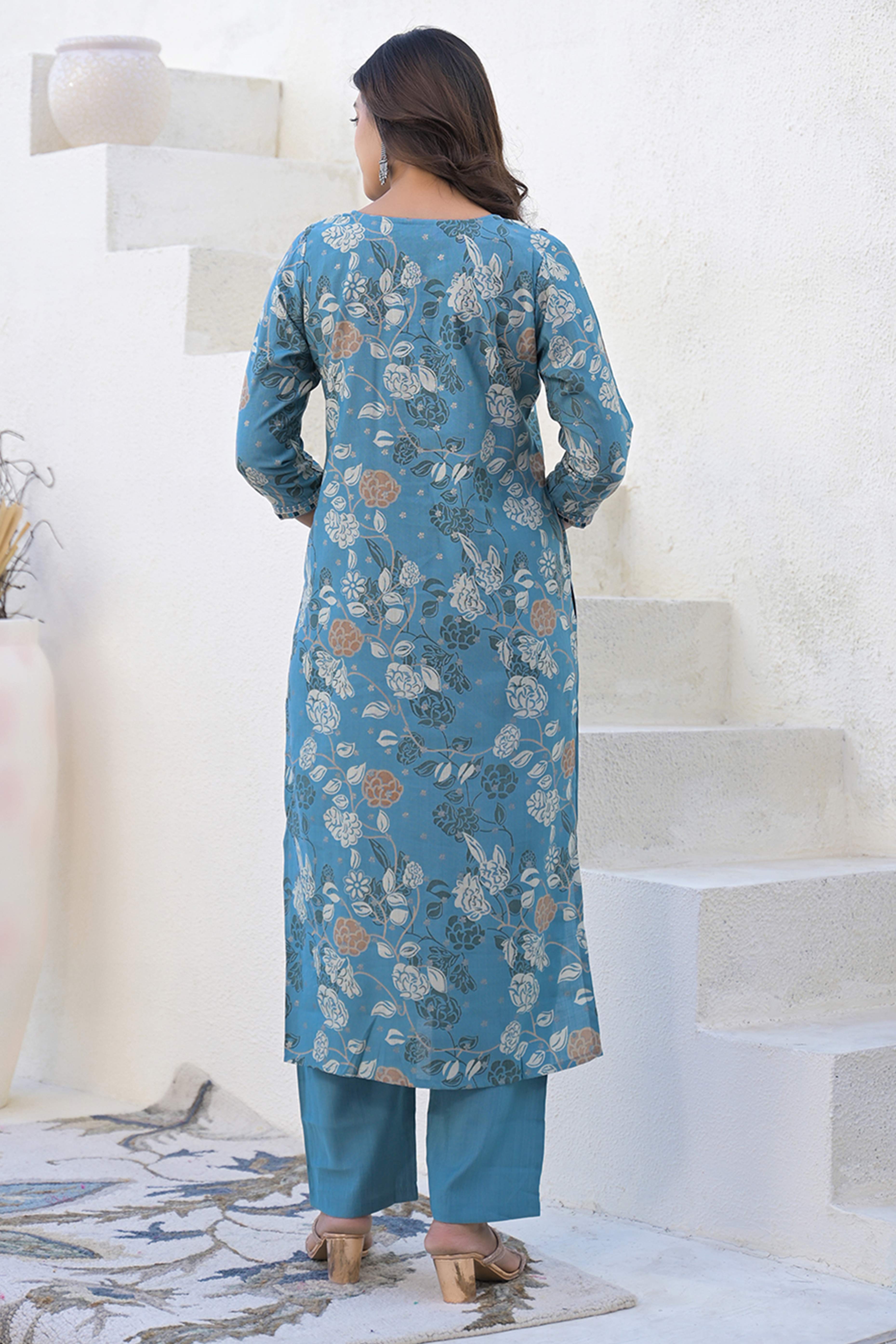 Blue Straight Viscose Salwar Suit With Delicate Floral Prints