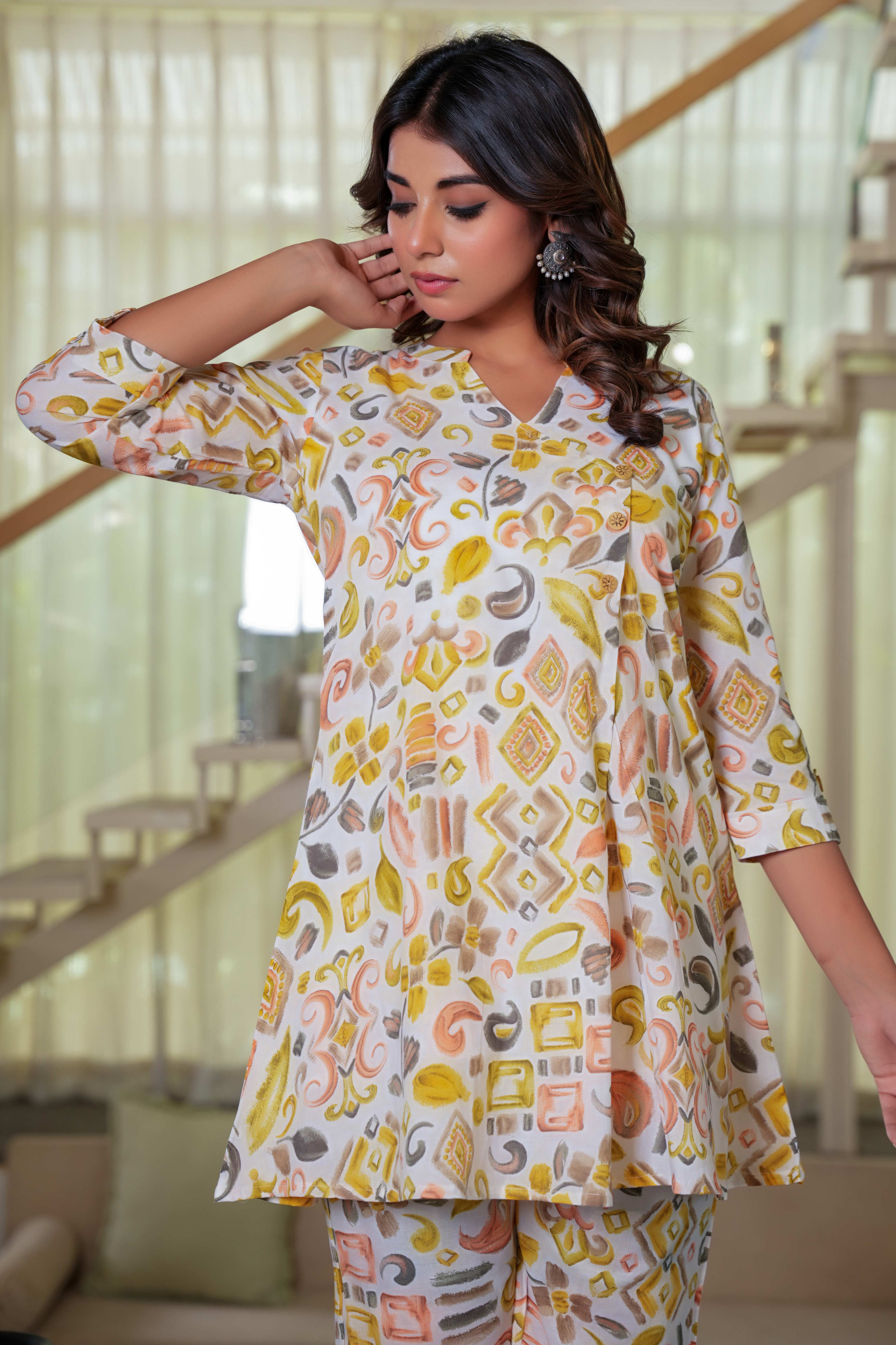 White & Mustard Angrakha Style Cotton Co-Ord Set – Top & Bottom
