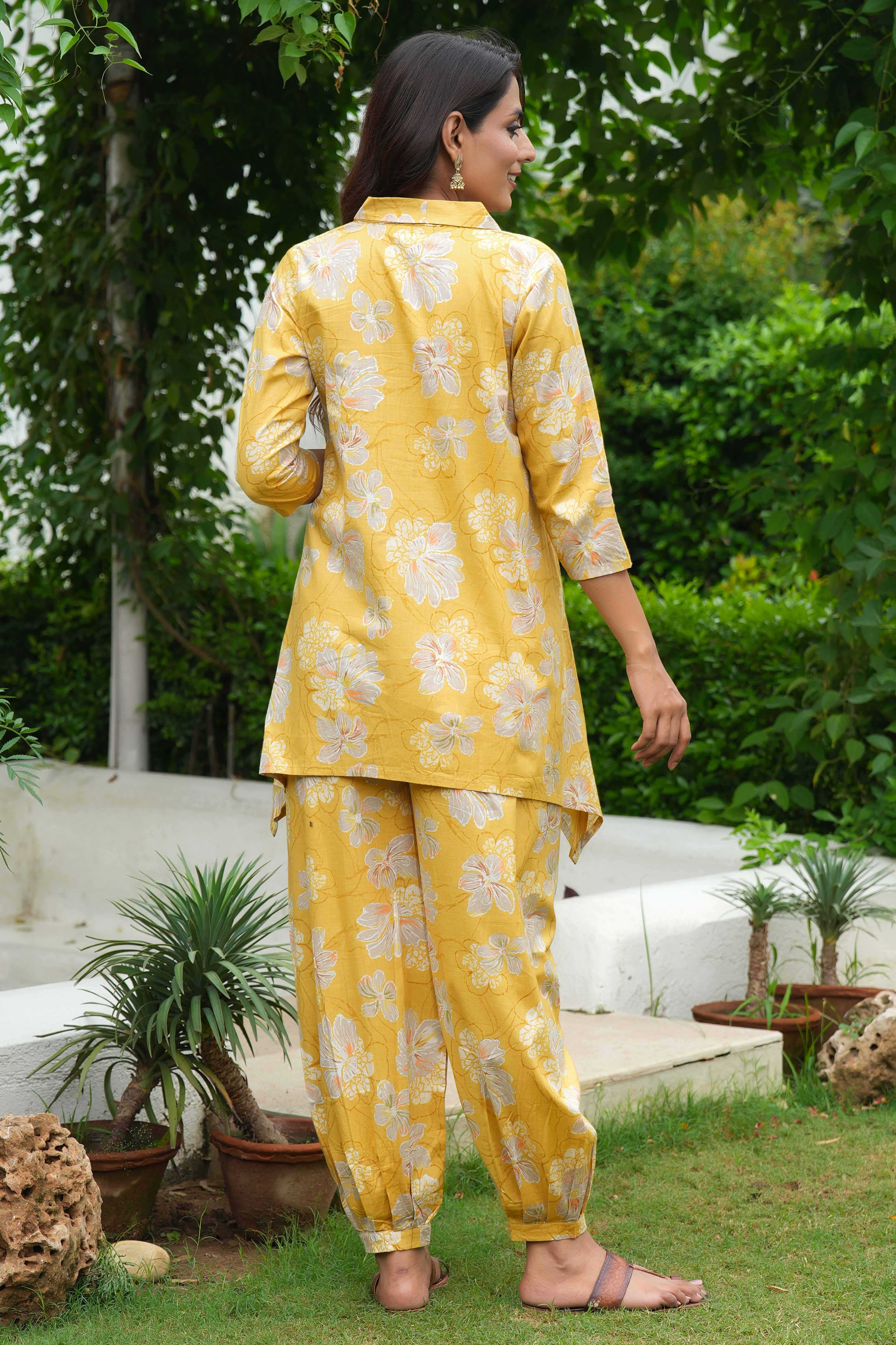 Yellow Pure Cotton Co-Ord Set with Floral Handwork – Elegant Festive Wear