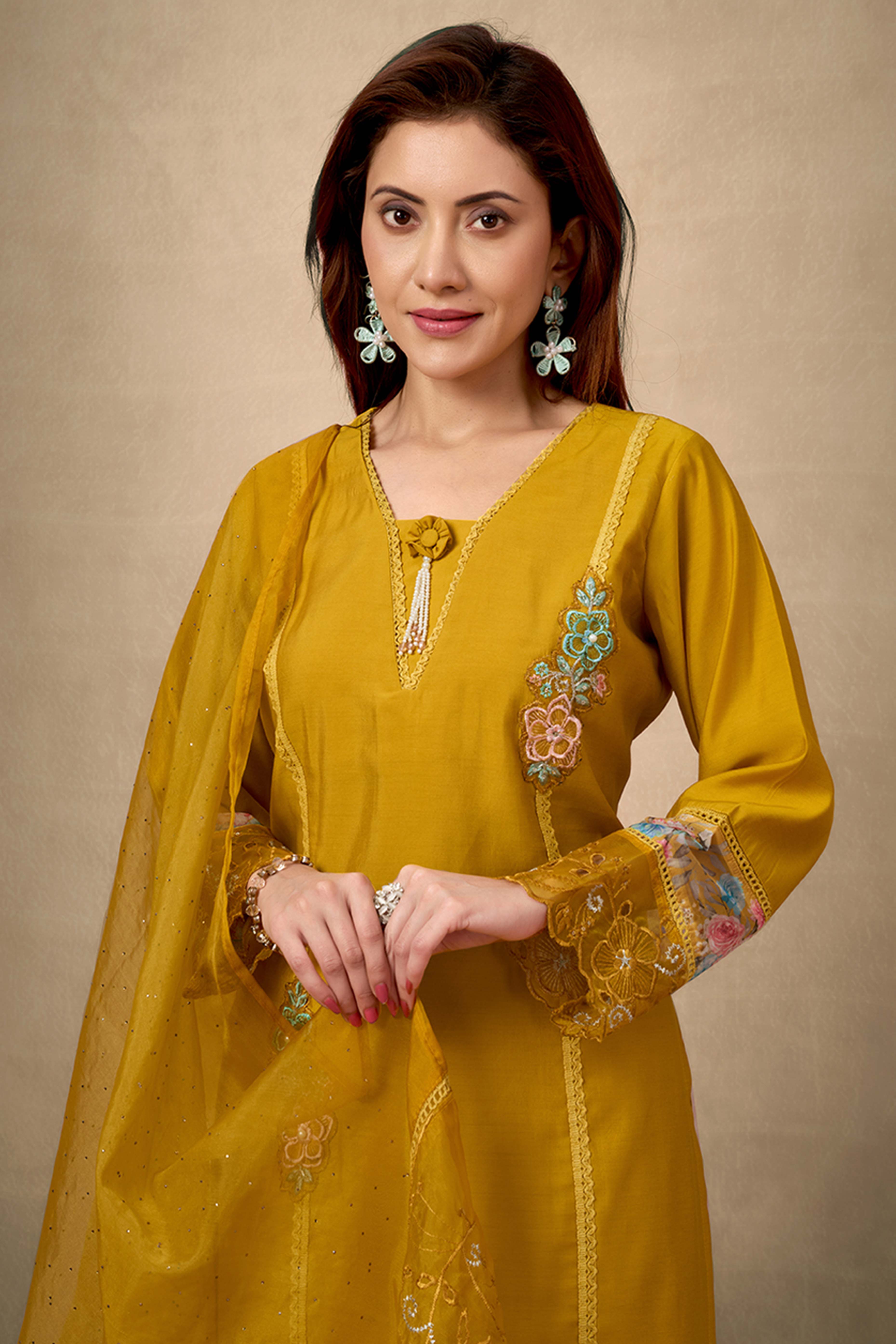 Mustard Floral Patch Work Embroidered Chanderi Straight Salwar Suit