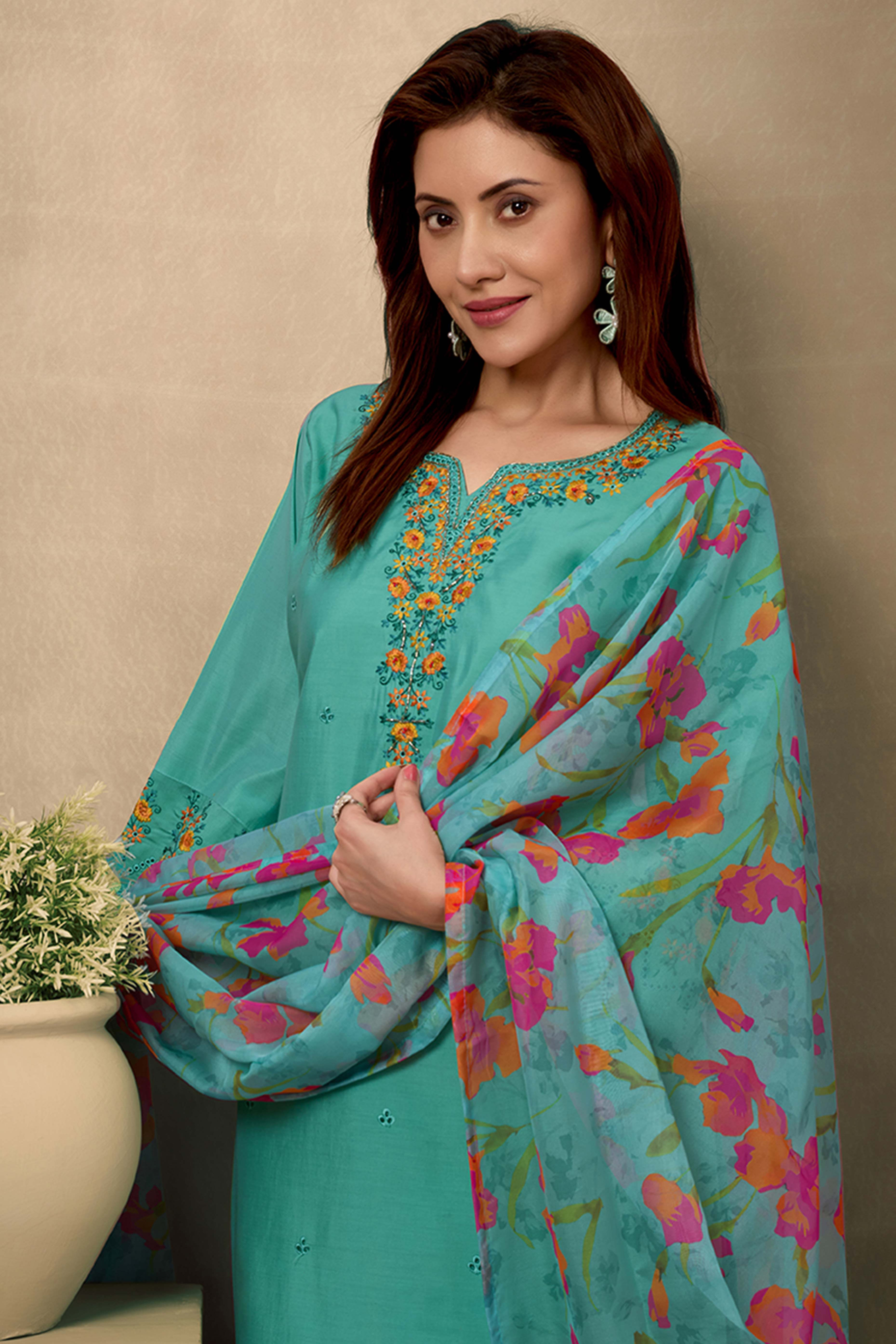 Green Floral Embroidered Straight Salwar Suit Made of Chanderi Silk.